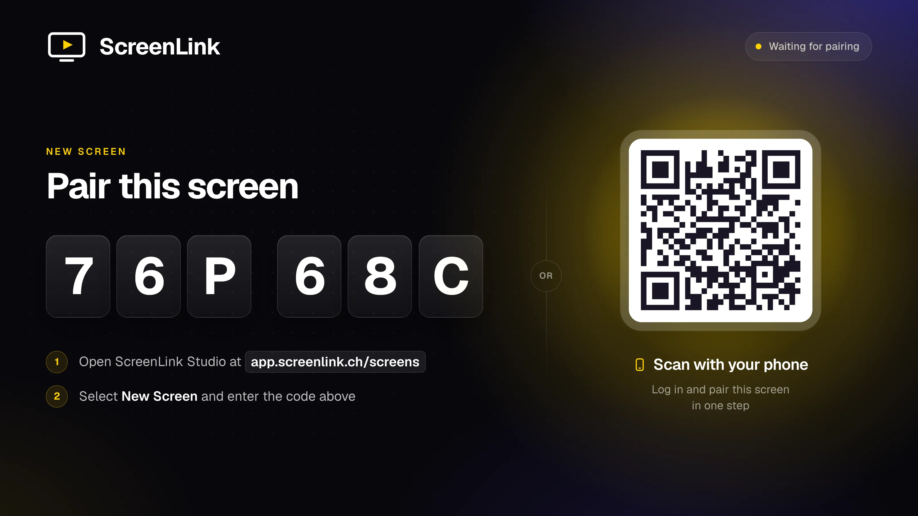 Der Player zeigt einen sechsstelligen Code und einen QR-Code zum Koppeln