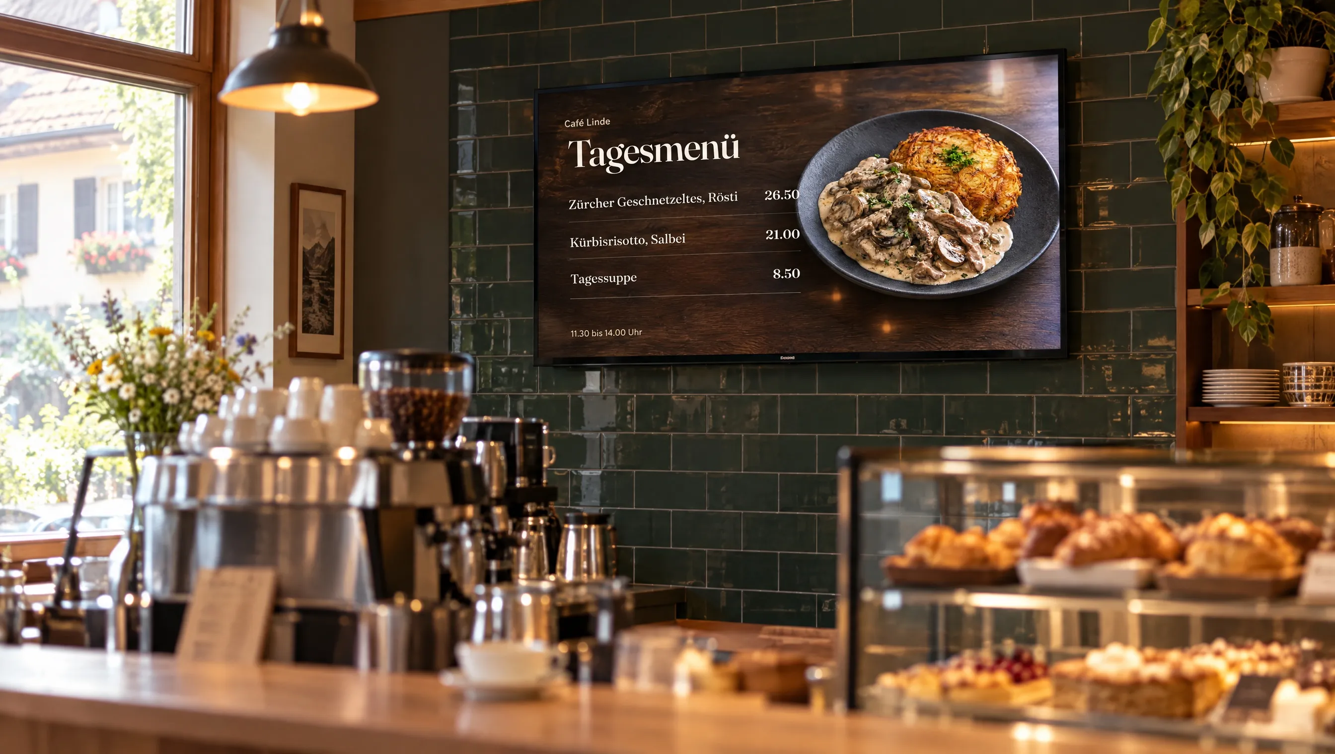 Café-Theke mit einem Bildschirm an der Wand, der das Tagesmenü zeigt
