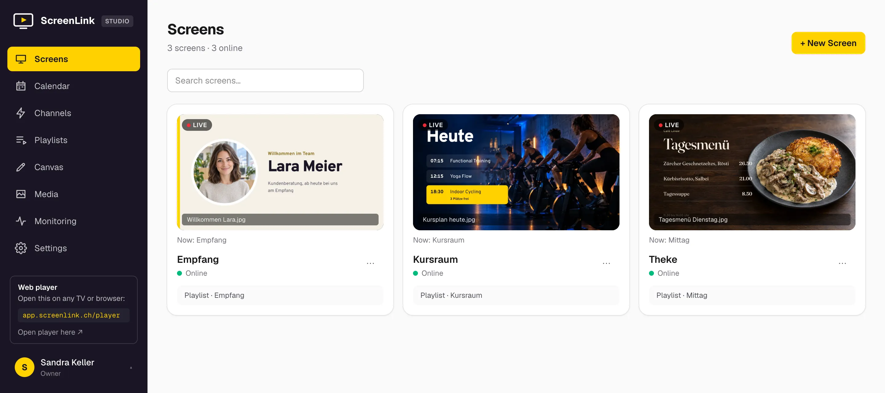 ScreenLink Studio: drei Bildschirme mit Live-Vorschau und Status online